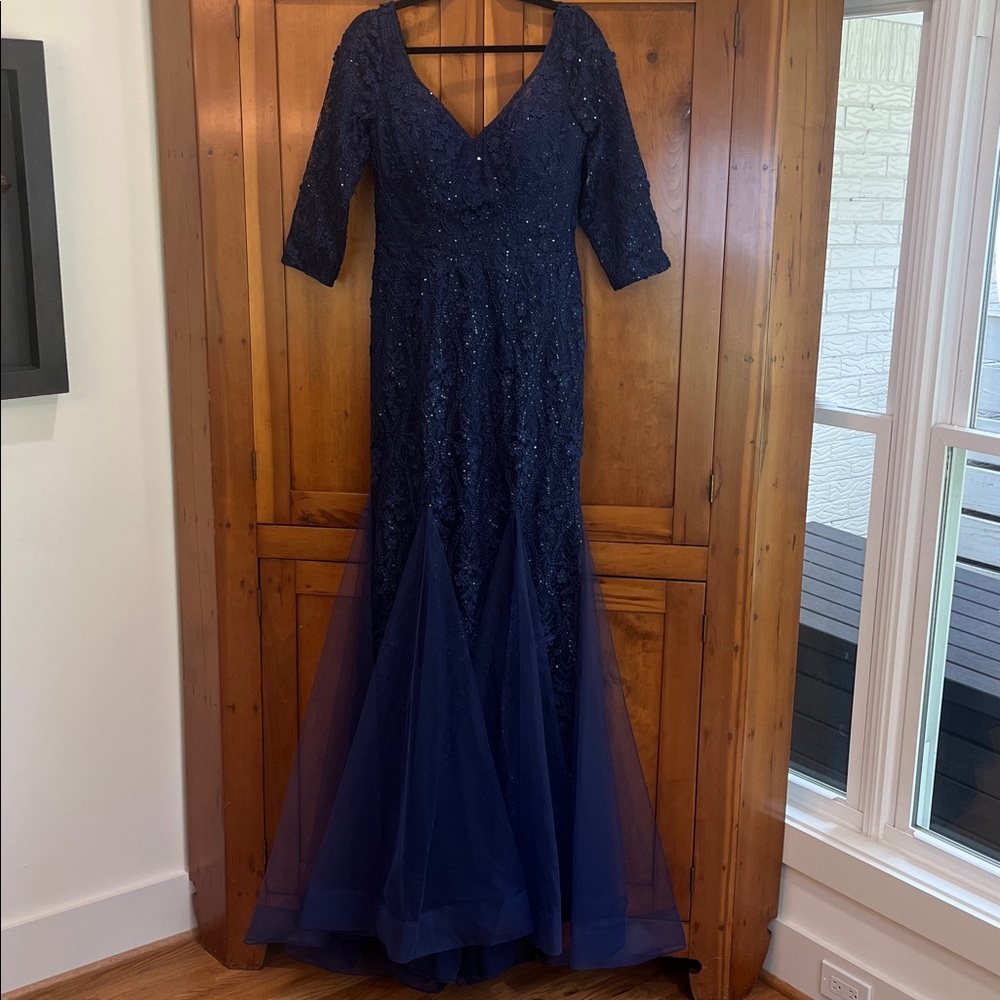 NWT Stella Couture Navy Floral Lace/Sequins Gown, 10- Bridgerton, Regencycore